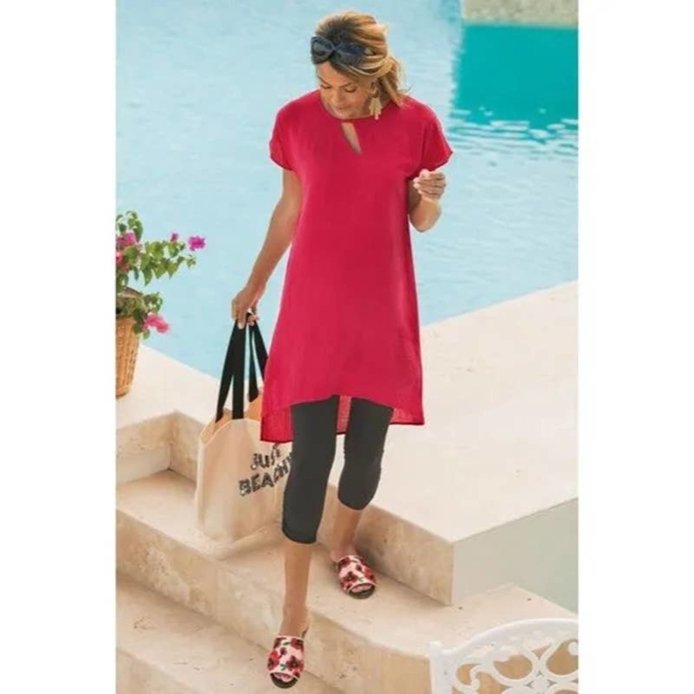 Soft Surroundings Moderne Gauze Tunic Top Red Cut Out Blouse Dress Hi Low Small